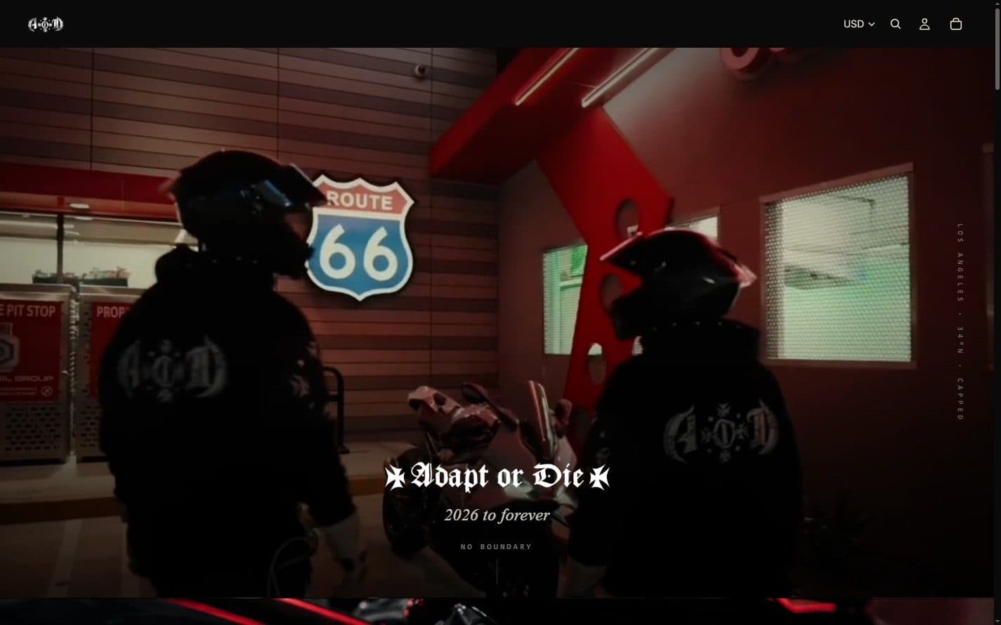 The storefront hero, setting a blackletter statement and a release line over a film still of two riders.